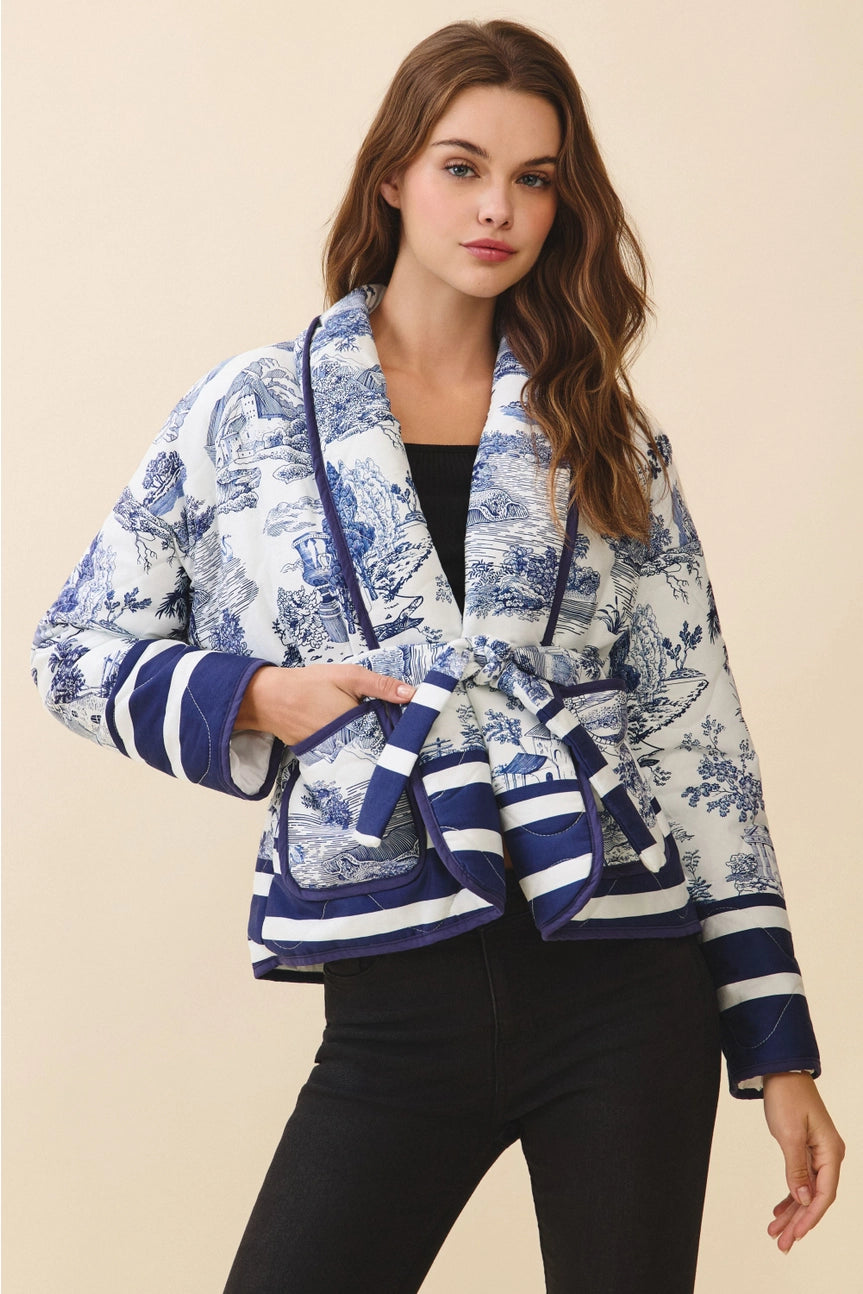 Toile Print Striped Accents Detachable Belt Jacket