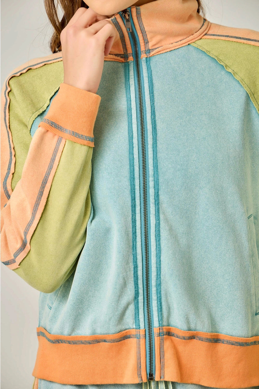 Seafoam Orange Color Block Zipped Up Jacket