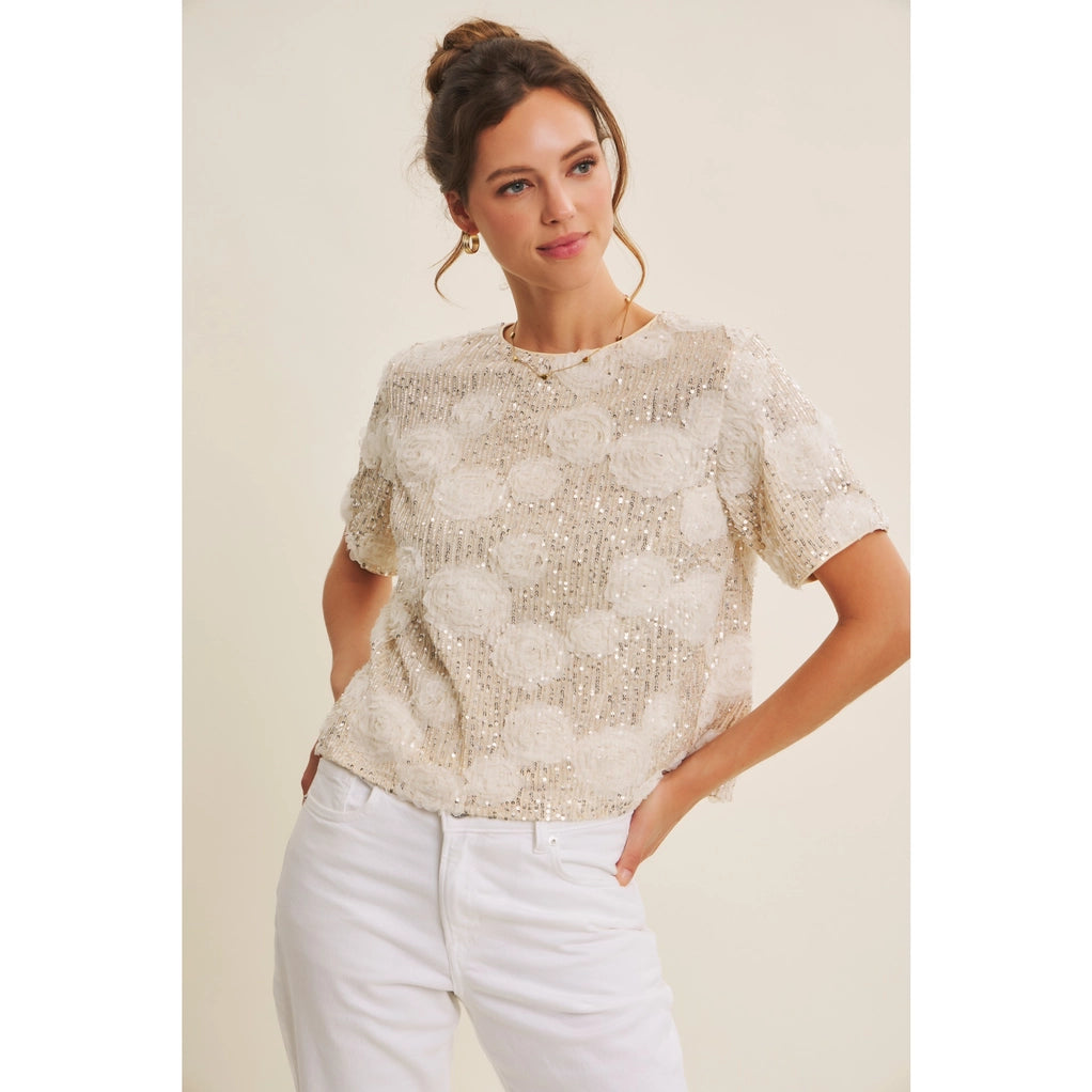 Light-Catching Elevated Shine Sequin 3D Floral Oversized Top