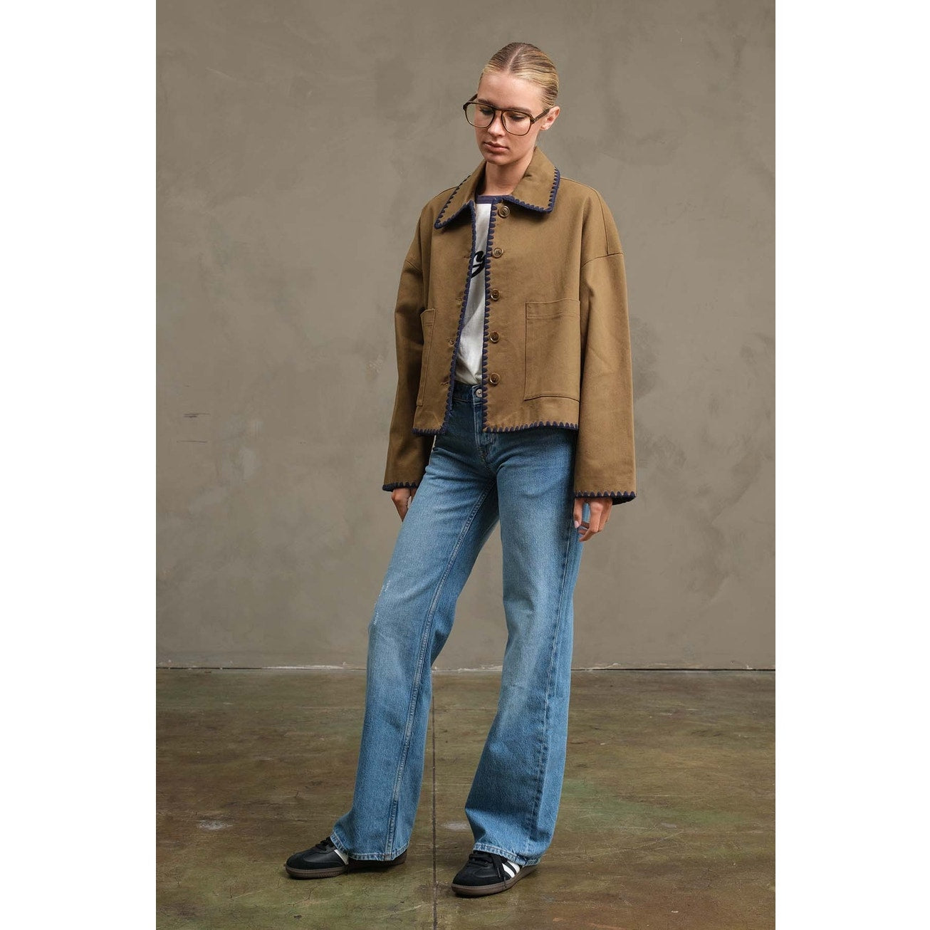 Olive Collar Jacket with Contrast Stitching