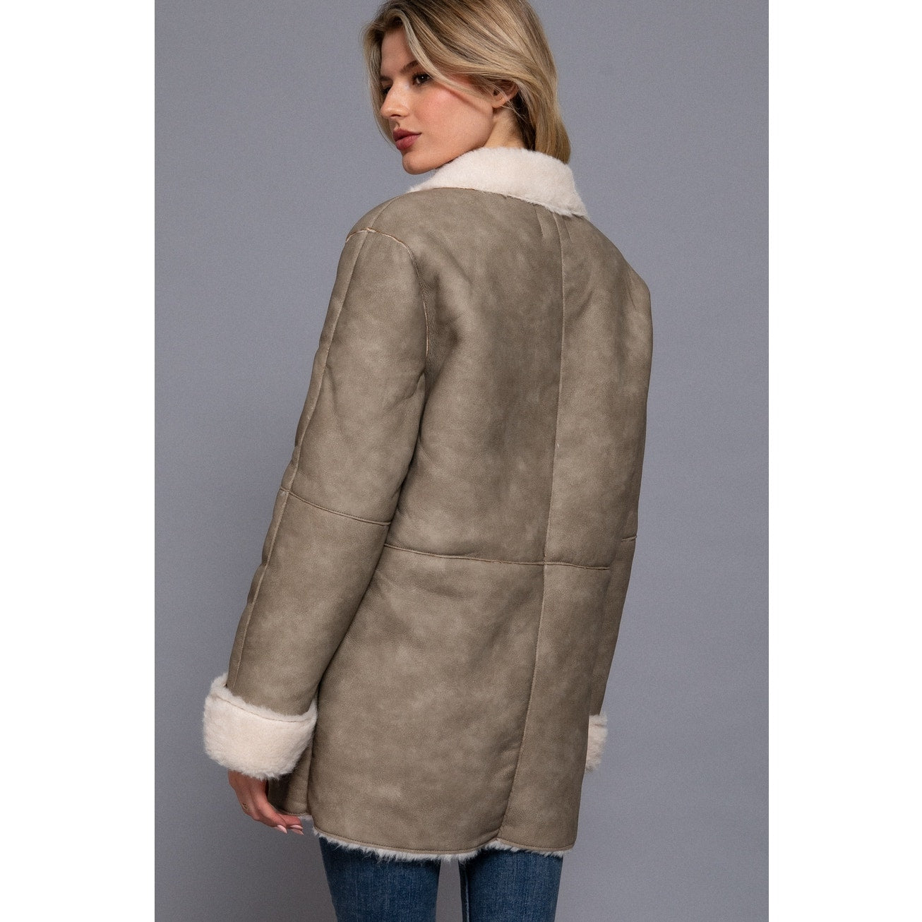 Taupe Lapel Collar Button Down Double Sided Faux Leather Coat