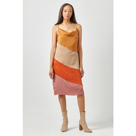 Mystree Size Small Caramel Mix Color Blocked Slip Dress