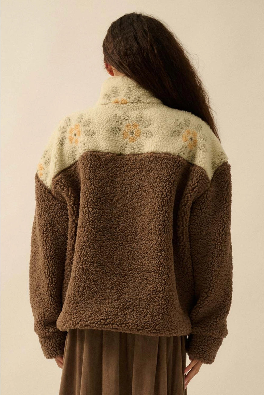 Colorblock Sherpa Fleece Half-Snap Pullover Jacket
