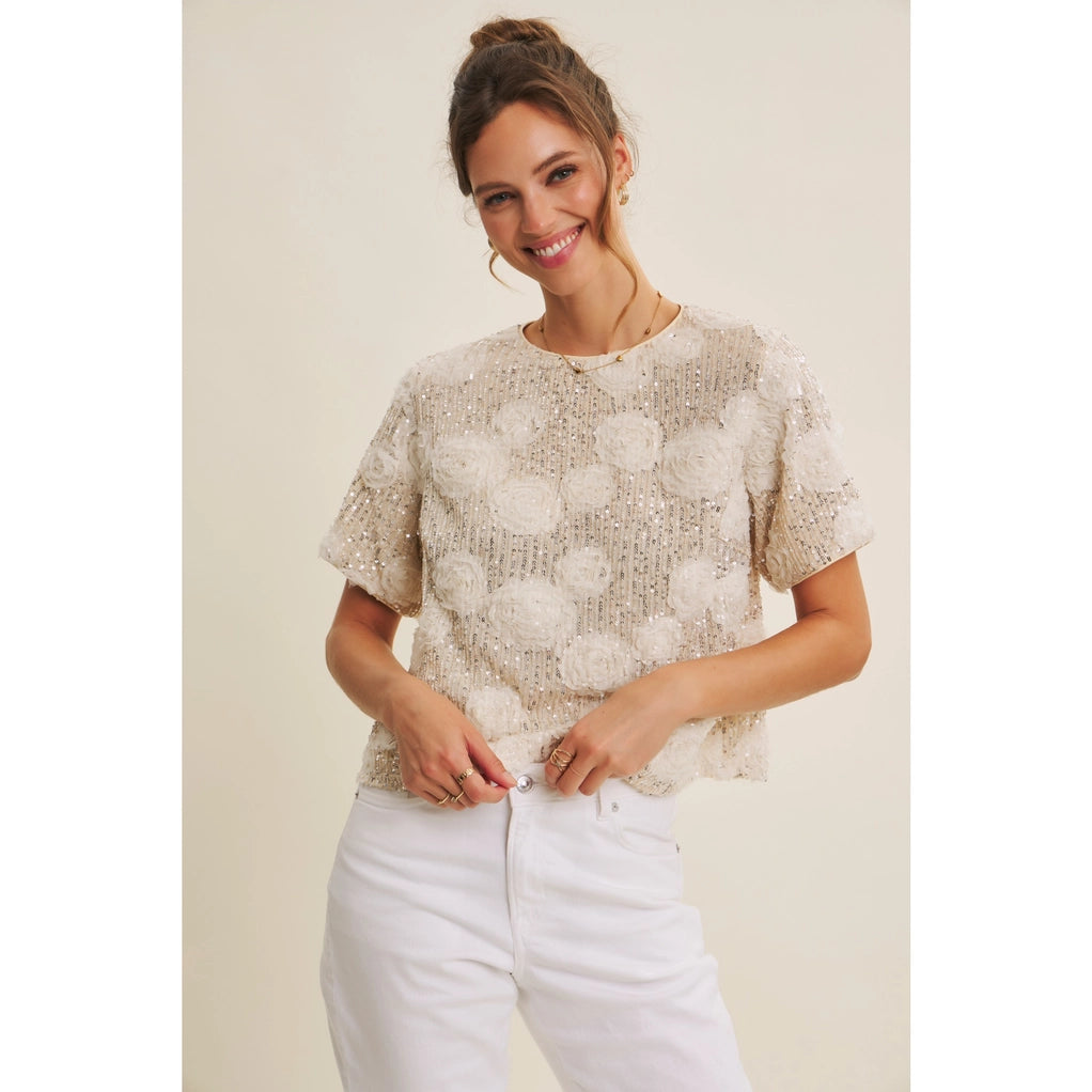 Light-Catching Elevated Shine Sequin 3D Floral Oversized Top