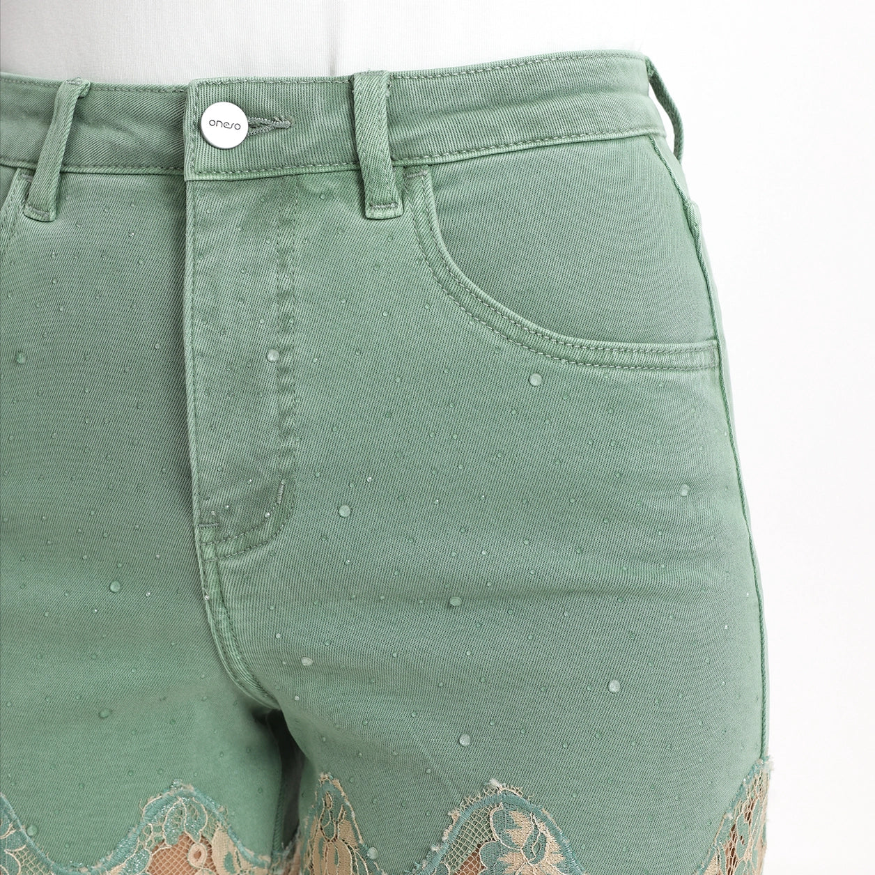 Emerald Green High Rise Lace Pants with Rhinestones