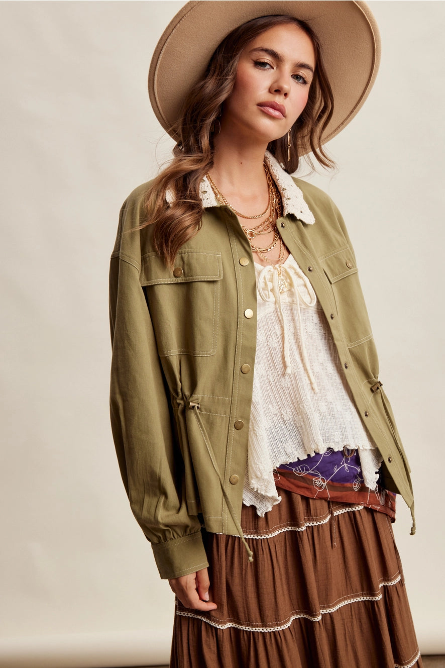 Olive Crochet Collar Utility Jacket