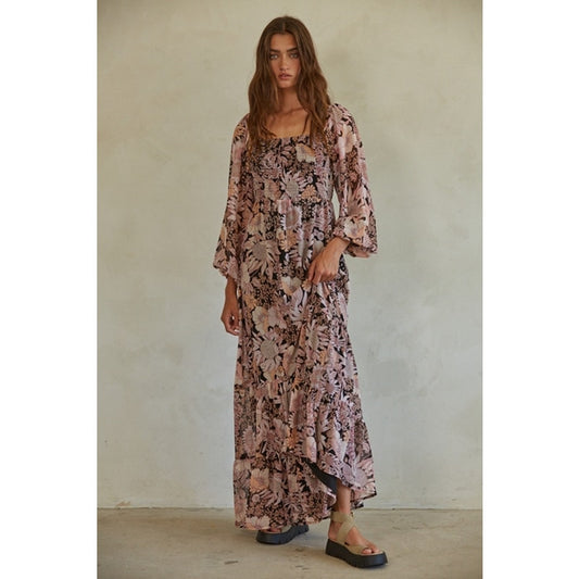 Pink & Black Chiffon Floral Maxi Peasant Dress