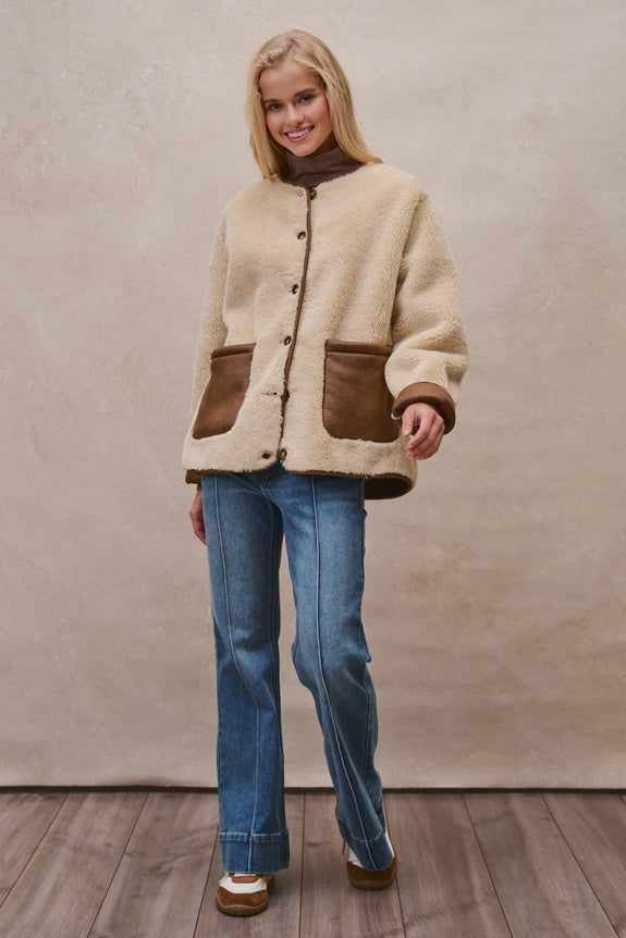 Faux Shearling Jacket with Suede Pockets