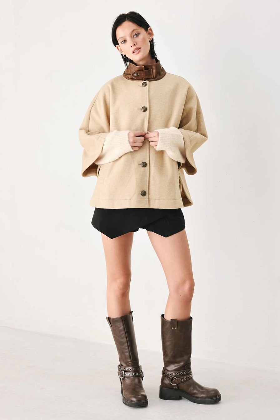 Taupe Solid Woven Capelet Jacket