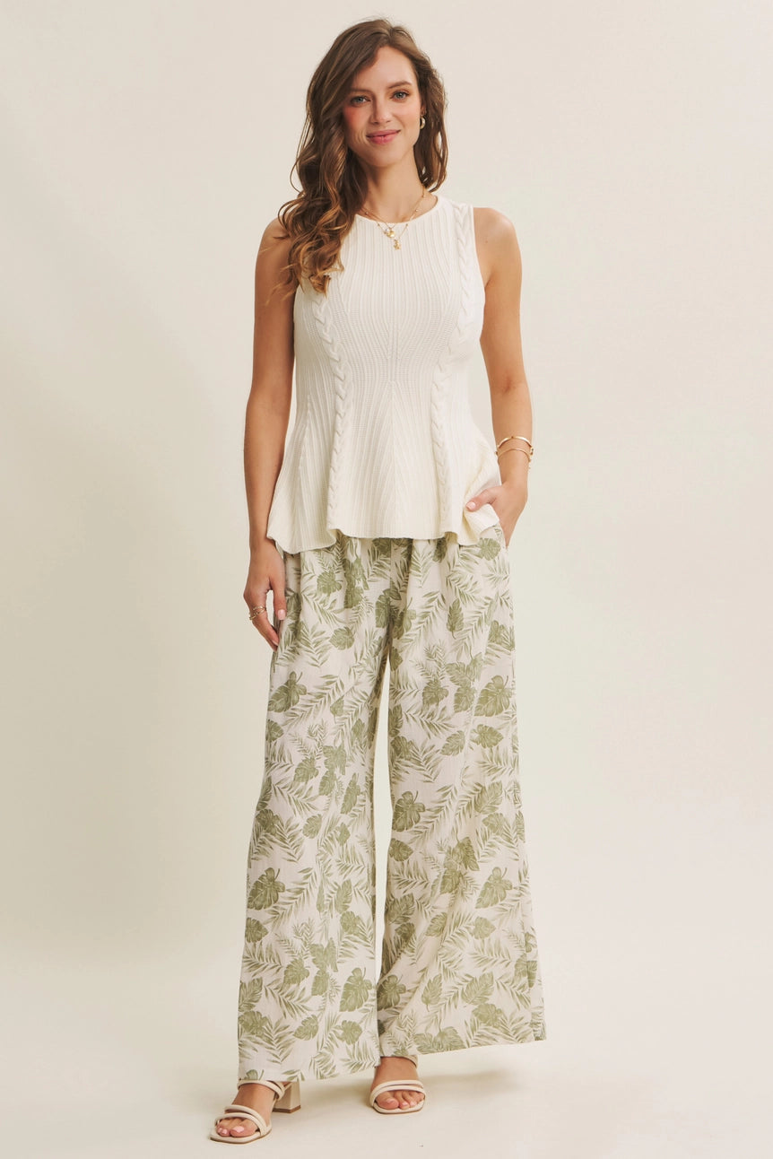 Dusty Sage Summer Days Tropical Palm Leaf Wide-Leg Woven Pants