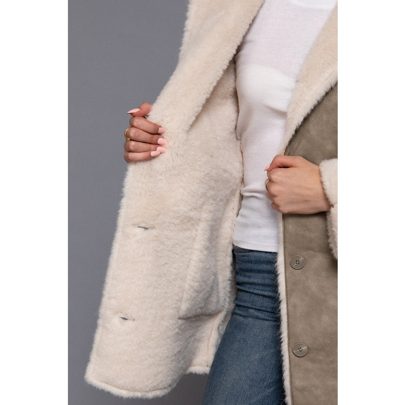 Taupe Lapel Collar Button Down Double Sided Faux Leather Coat