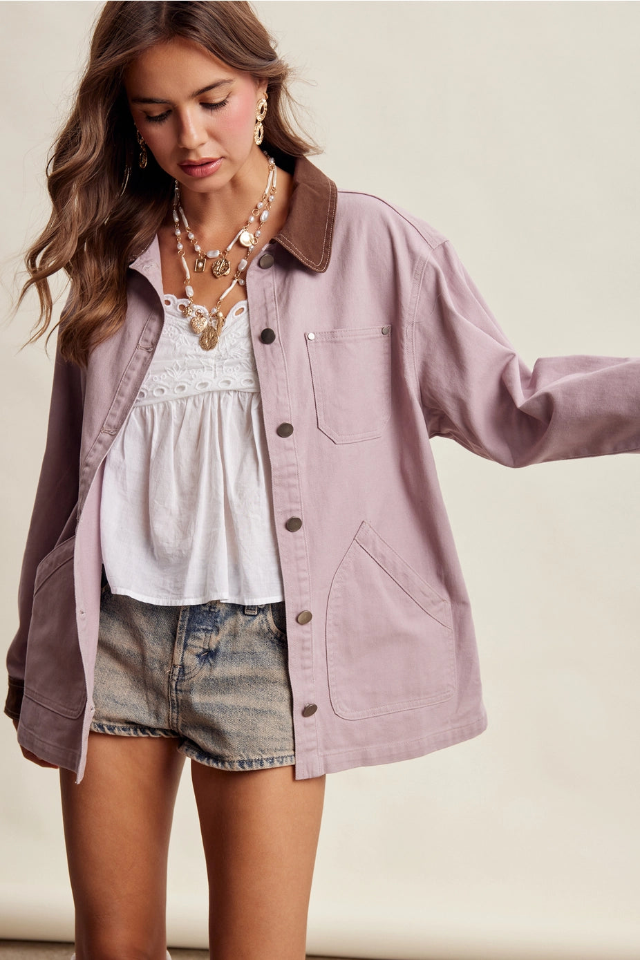 Mauve Contrast Collar Utility Barn Jacket