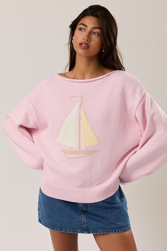 Pink Sailboat Boat Neck Sweater