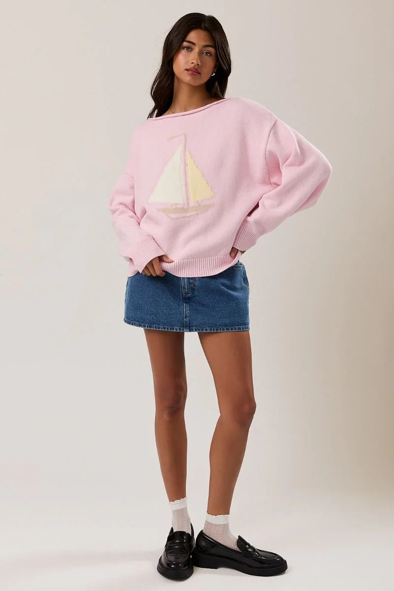 Pink Sailboat Boat Neck Sweater