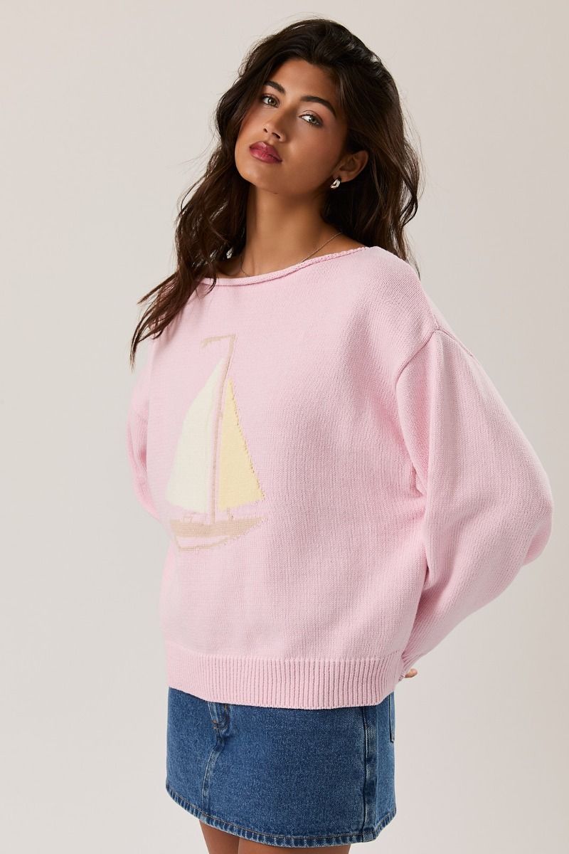 Pink Sailboat Boat Neck Sweater