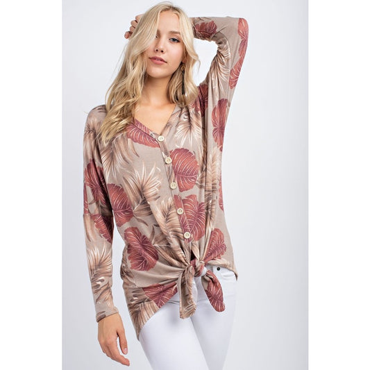 Leaf Print Tie-Front Top - Wild Luxe Boutique