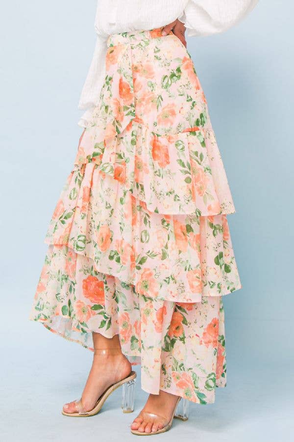 Peach Floral Tiered Ankle Skirt
