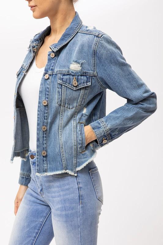 Claire Medium Wash Distressed Denim Jacket - Wild Luxe Boutique