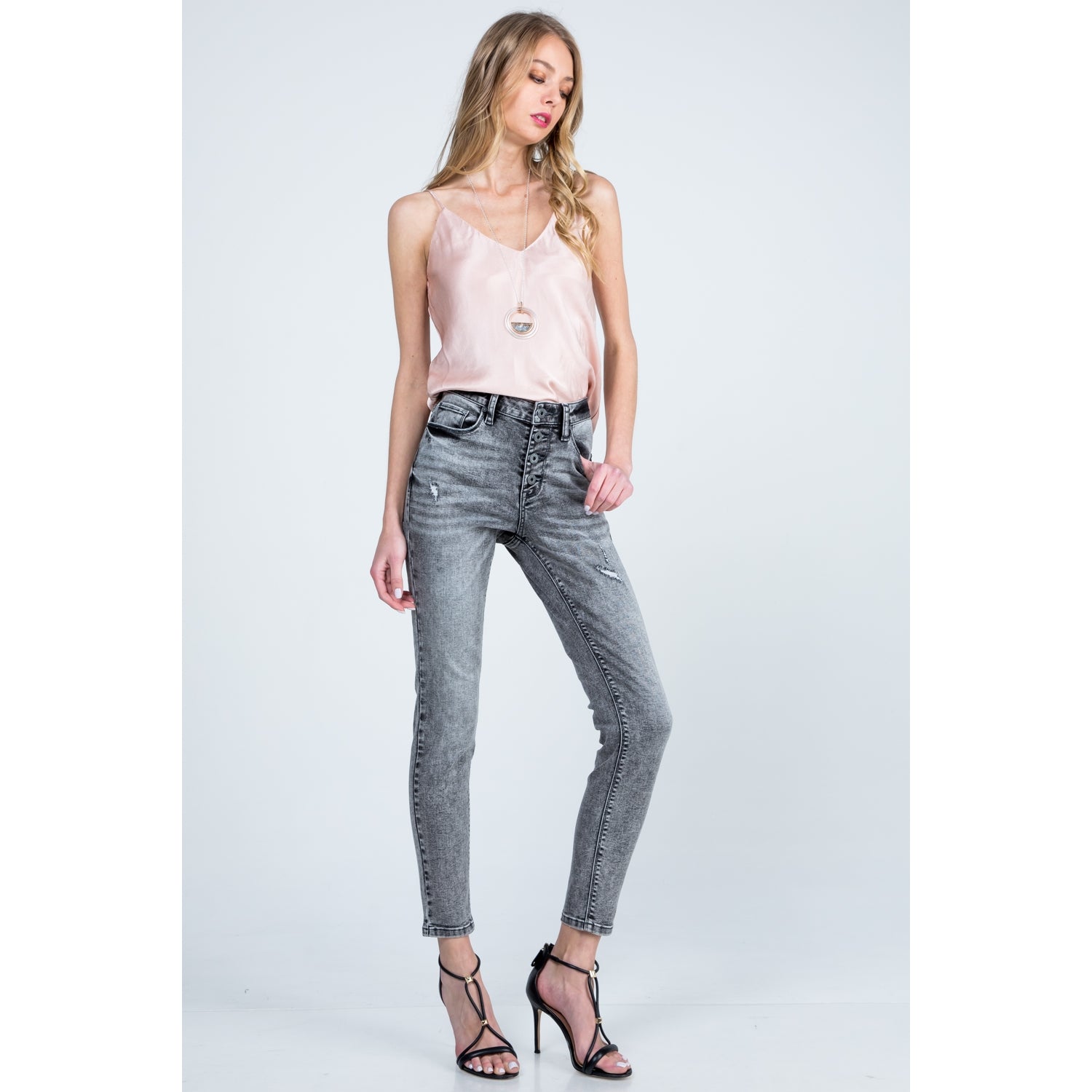 Harmony Grey Mid-Rise Button Fly Skinny Jeans - Wild Luxe Boutique