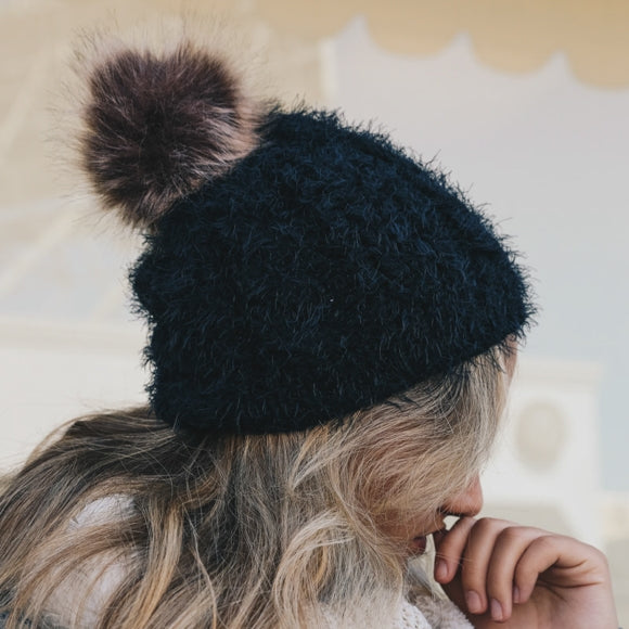 Faux Mohair Cable Knit Pom Pom Beanie - Wild Luxe Boutique