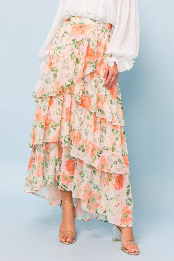 Peach Floral Tiered Ankle Skirt