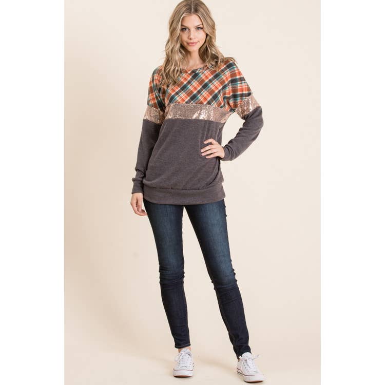Plaid Contrast Knit Top with Sequin Colorblock - Wild Luxe Boutique