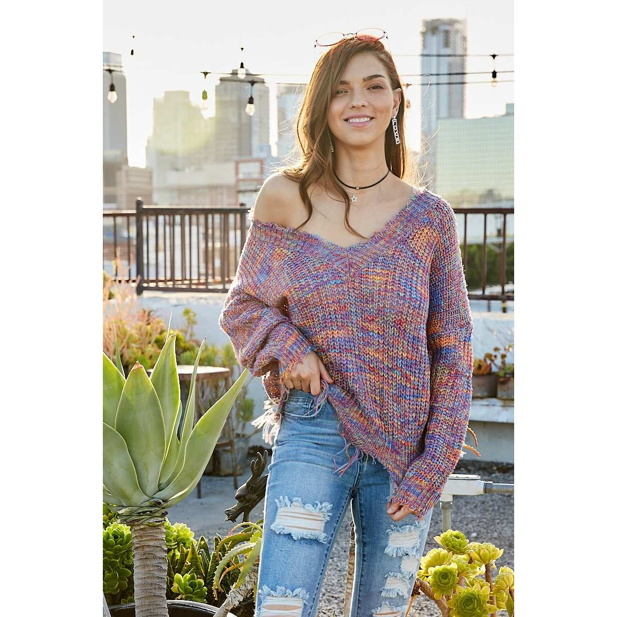 Multi-Color Frayed V-Neck Sweater - Wild Luxe Boutique