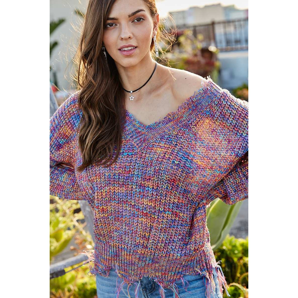 Multi-Color Frayed V-Neck Sweater - Wild Luxe Boutique