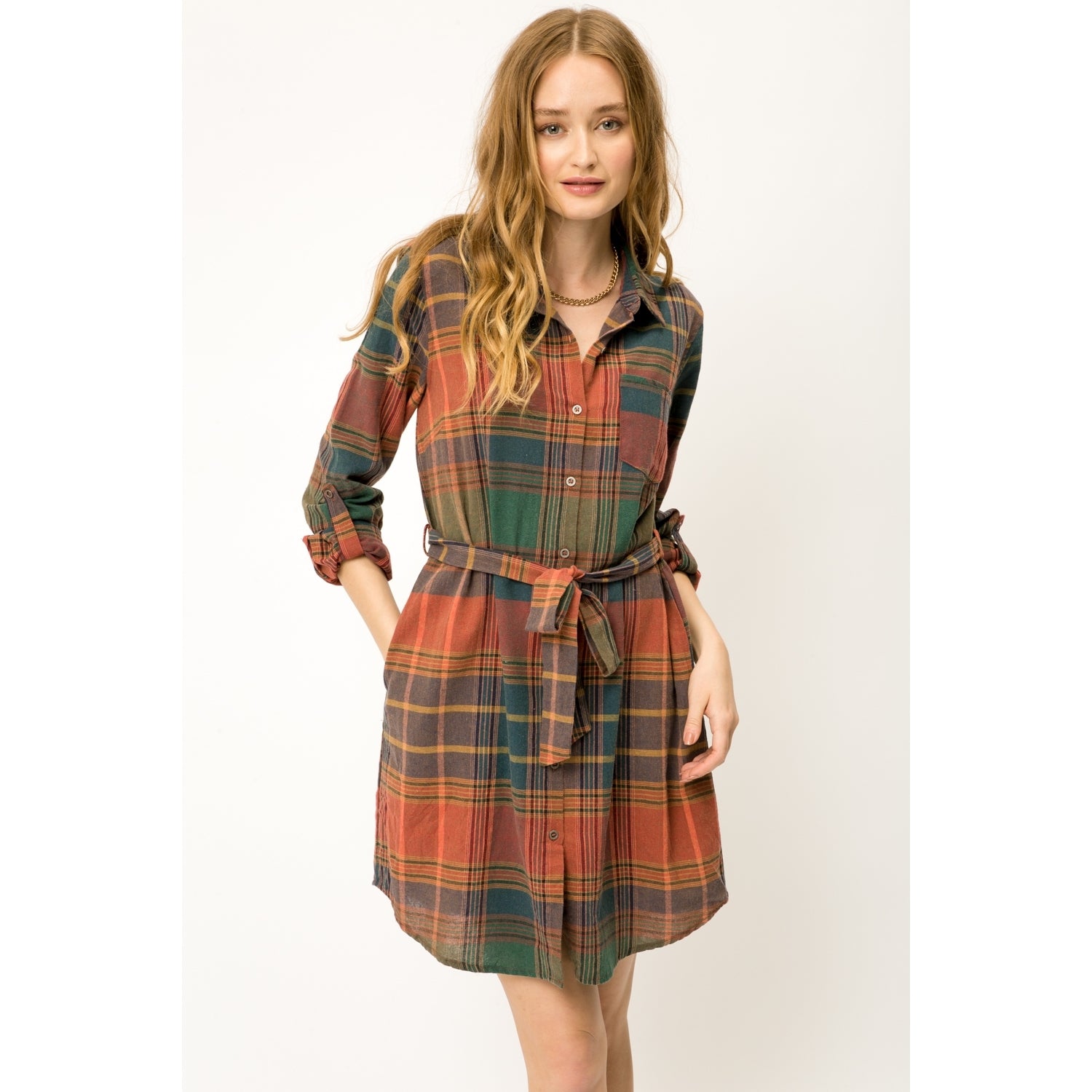 Plaid Waist Tie Mini Shirt Dress - Wild Luxe Boutique