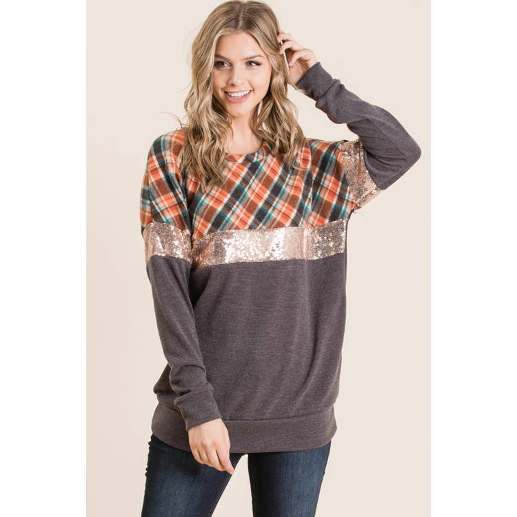 Plaid Contrast Knit Top with Sequin Colorblock - Wild Luxe Boutique