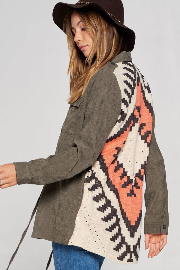 Stone Washed Flap Chest Pocket Contrast Ethnic Print Back Button Down Jacket - Wild Luxe Boutique