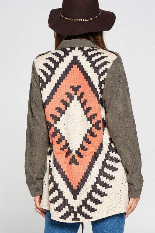 Stone Washed Flap Chest Pocket Contrast Ethnic Print Back Button Down Jacket - Wild Luxe Boutique