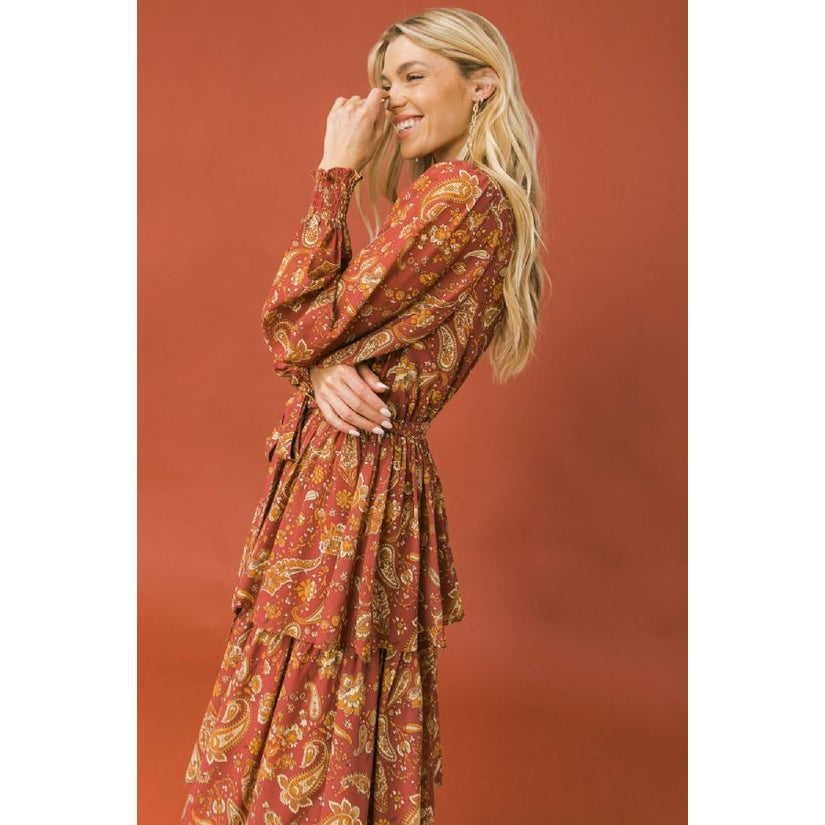 Burgundy Paisley Tiered Maxi Dress - Wild Luxe Boutique