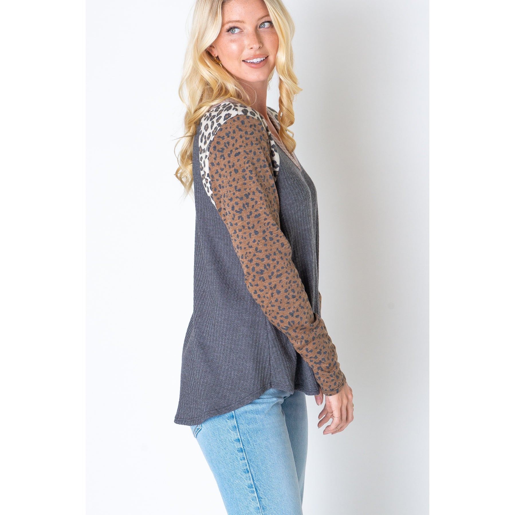 Animal Print Waffle Long Sleeve Top - Wild Luxe Boutique