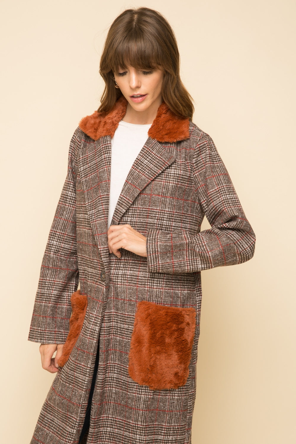 Fur Collar & Pocket Detail Plaid Maxi Coat - Wild Luxe Boutique