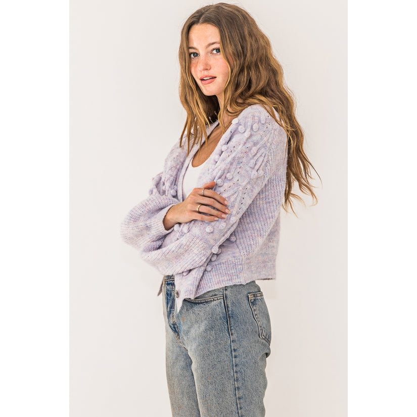 Cropped Pom Pom Lavender Cardigan Sweater - Wild Luxe Boutique