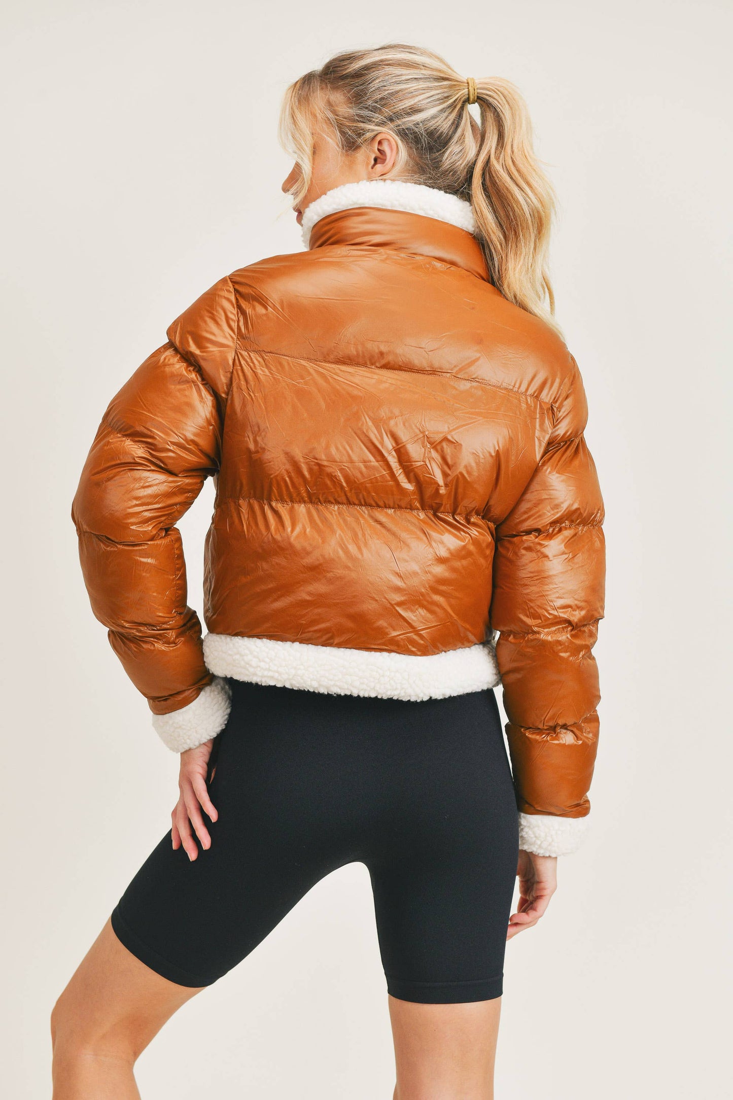 Sherpa Trimmed Faux Leather Puffer Jacket