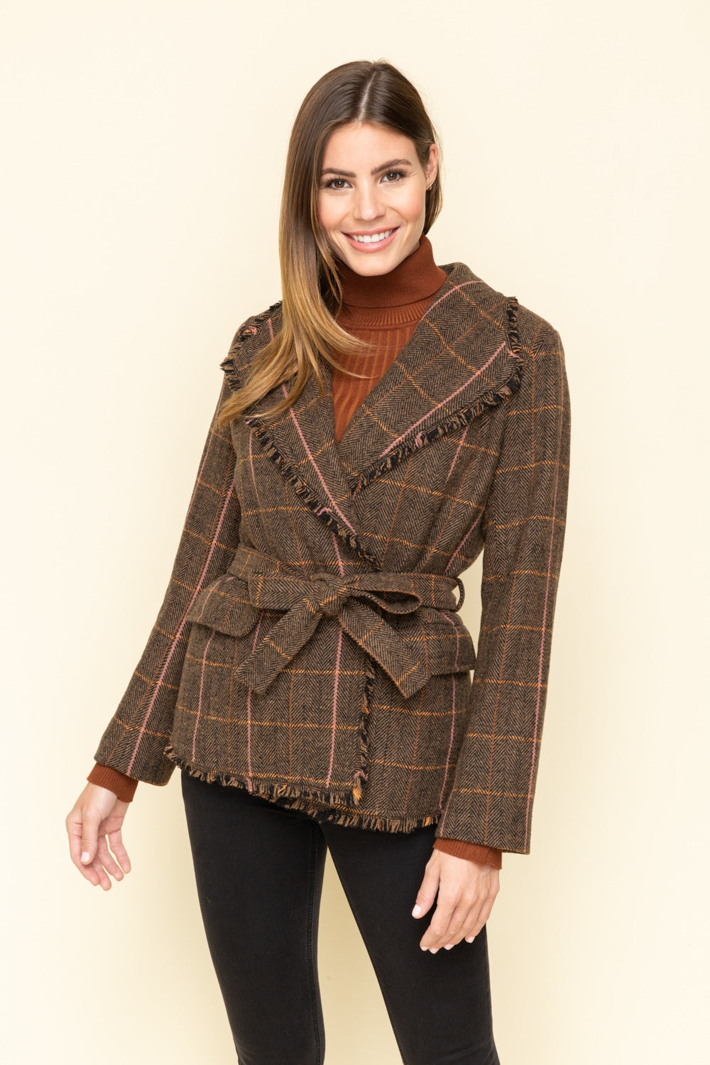 Raw Edged Belted Plaid Wool Jacket - Wild Luxe Boutique