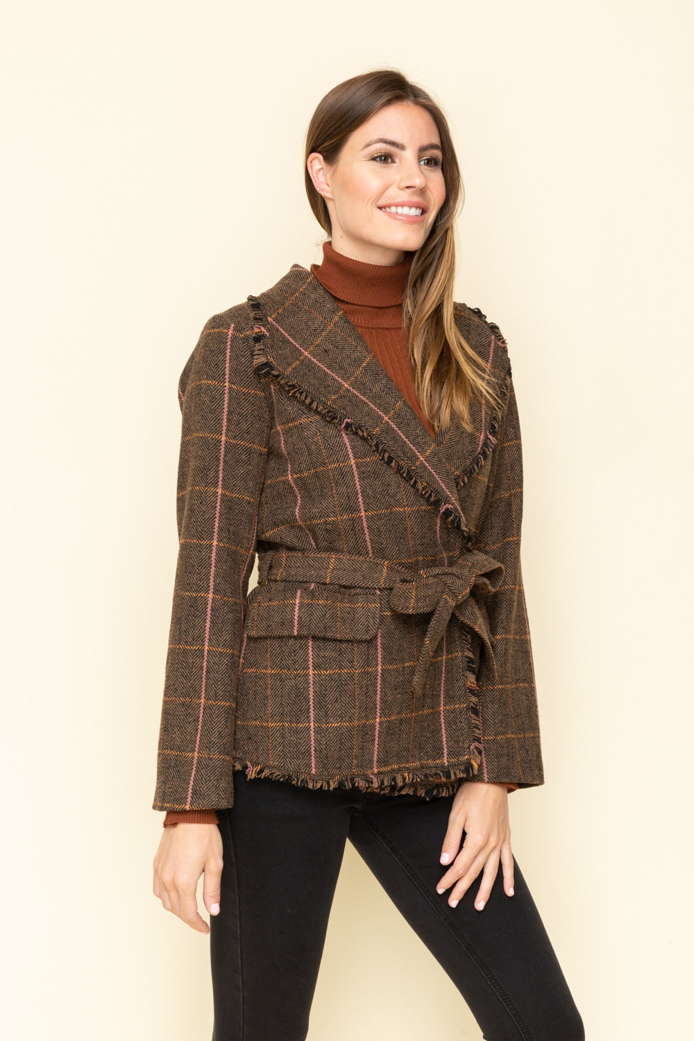Raw Edged Belted Plaid Wool Jacket - Wild Luxe Boutique