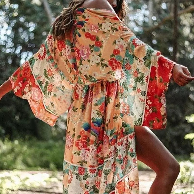 Floral & Bird Print Bohemian Kimono - Wild Luxe Boutique