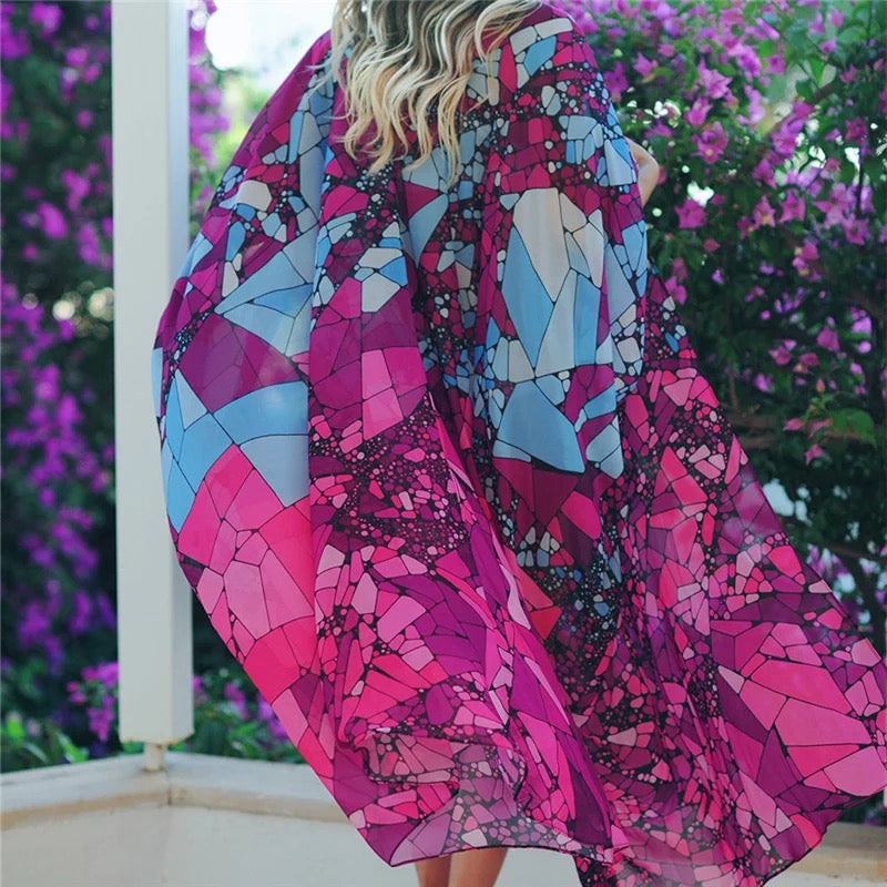 Purple Geometric Print Bohemian Kimono - Wild Luxe Boutique