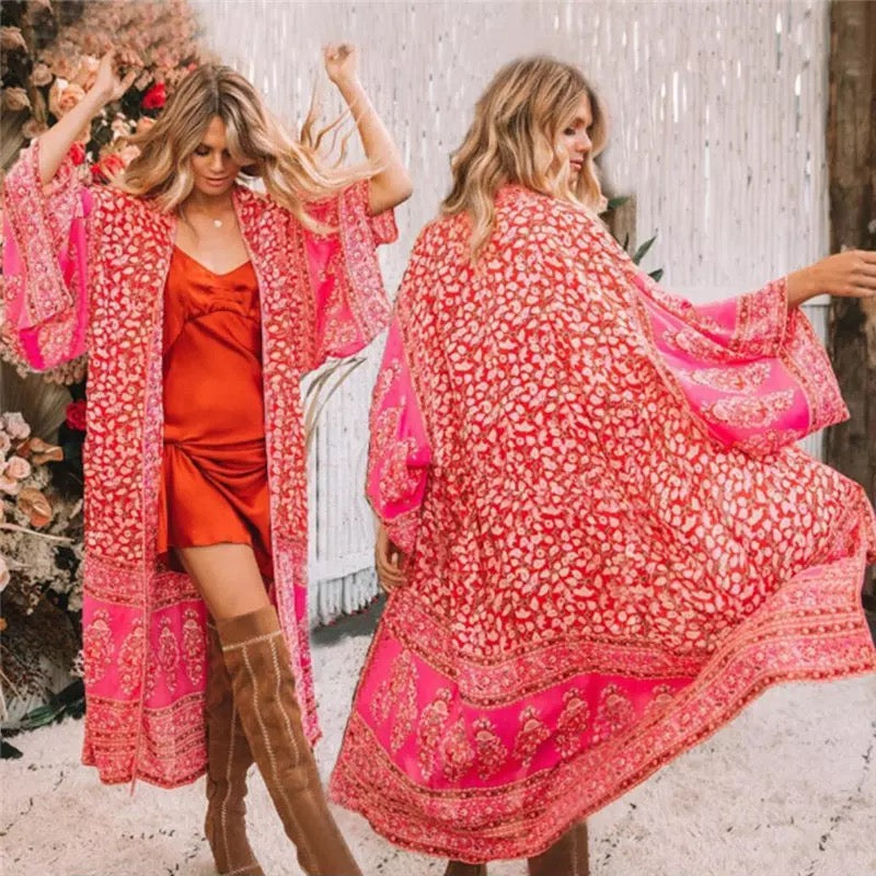 Floral & Leaf Print Bohemian Kimono - Wild Luxe Boutique