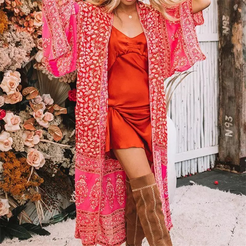 Floral & Leaf Print Bohemian Kimono - Wild Luxe Boutique