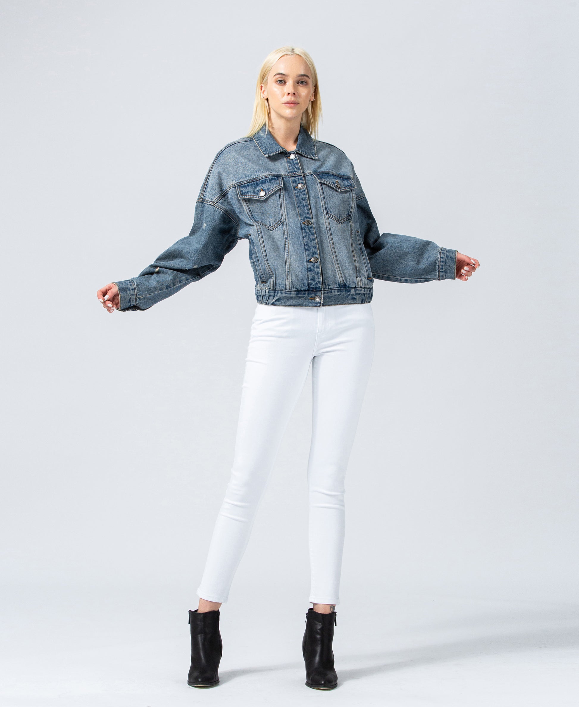 Hazel Over Sized Cropped Denim Jacket with Elastic Waistband - Wild Luxe Boutique