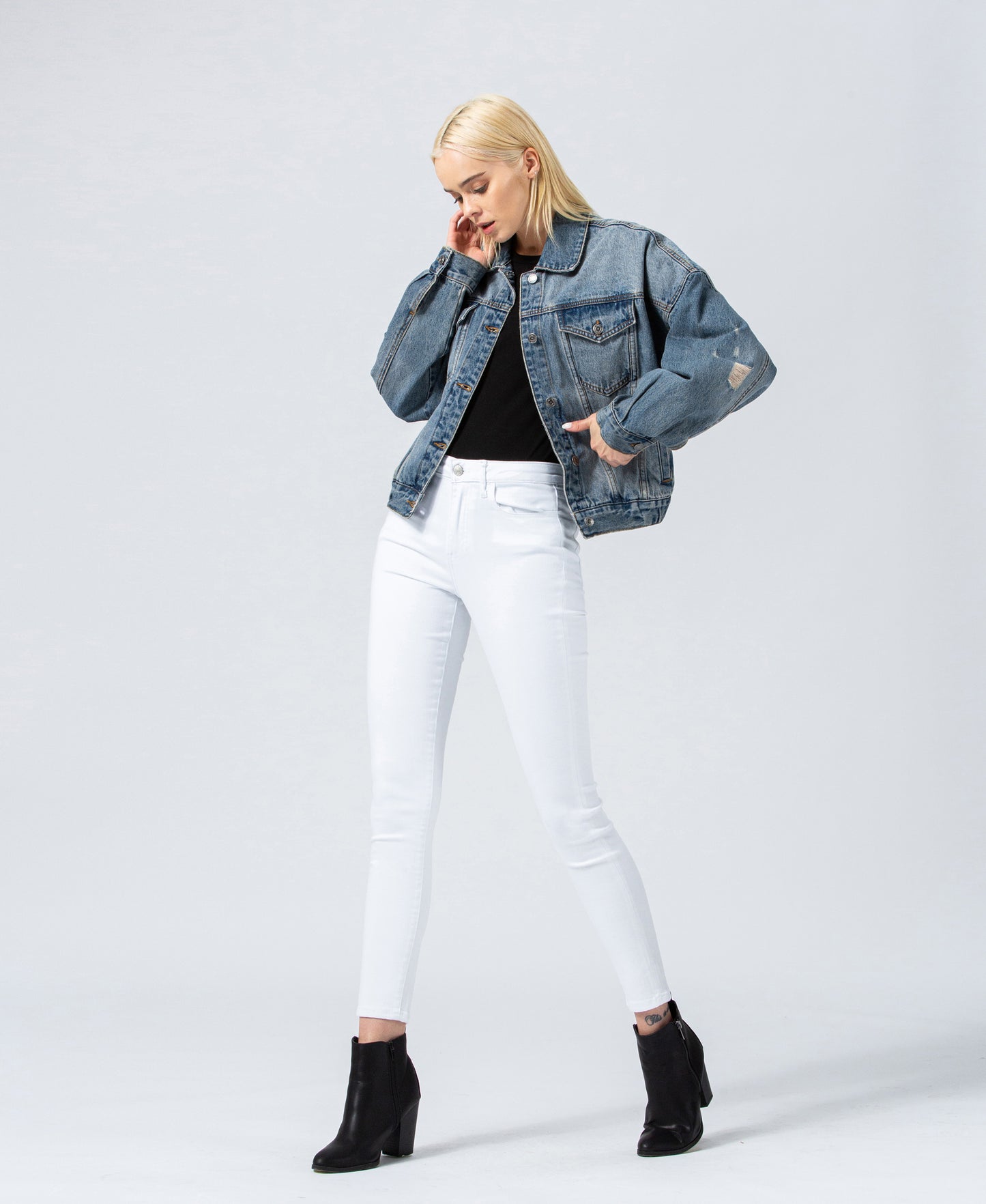 Hazel Over Sized Cropped Denim Jacket with Elastic Waistband - Wild Luxe Boutique