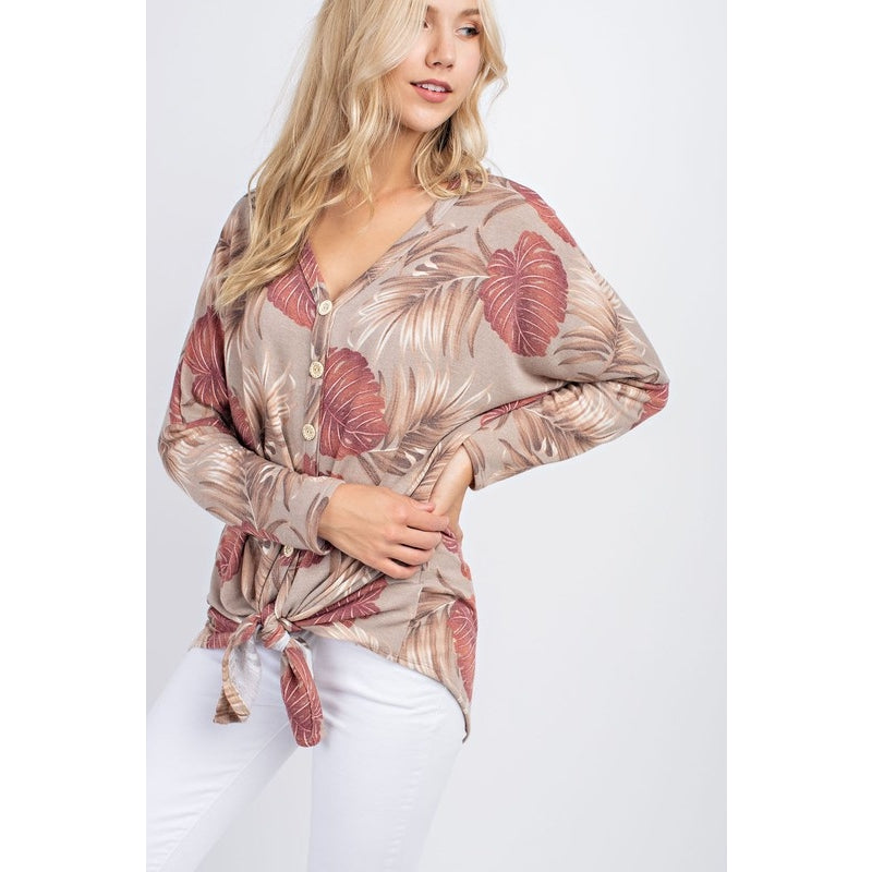 Leaf Print Tie-Front Top - Wild Luxe Boutique