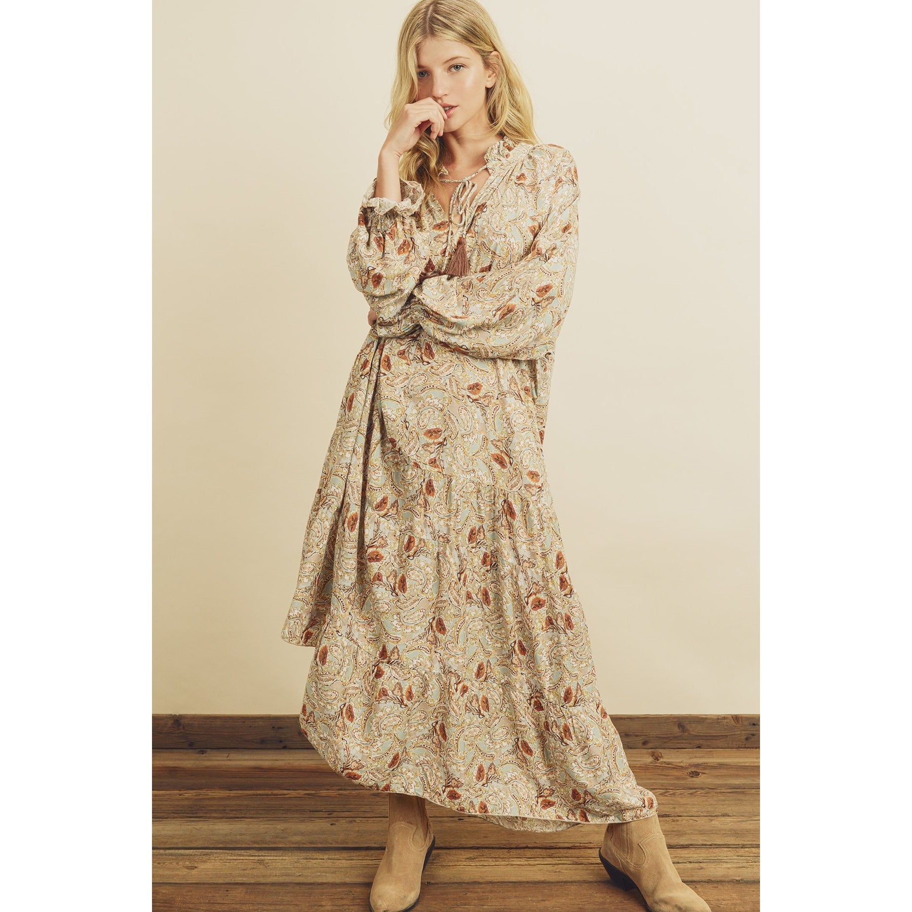 Sage Paisley Tiered Boho Maxi Dress - Wild Luxe Boutique