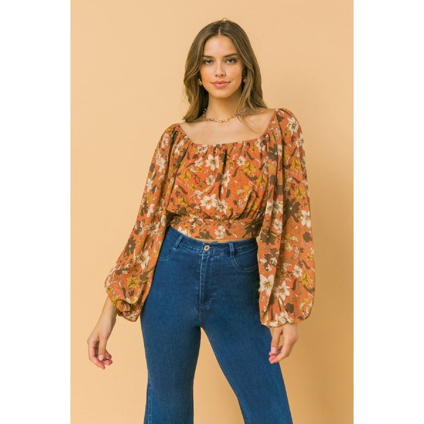 Rust Floral Square Neck Woven Blouse - Wild Luxe Boutique