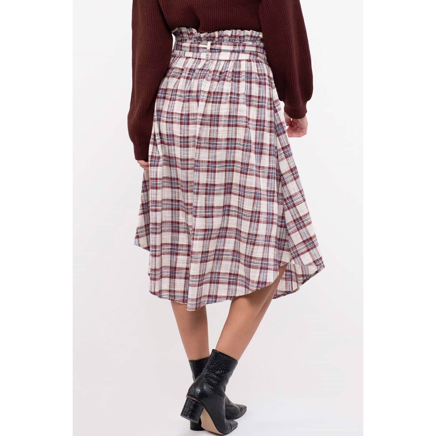 Woven Plaid Paperbag Belted Midi Skirt - Wild Luxe Boutique