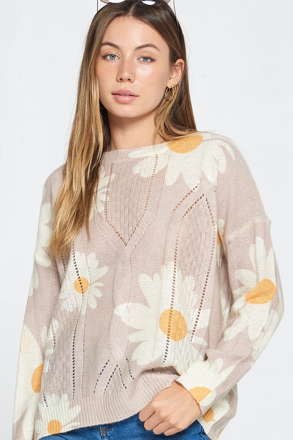 Floral Printed Crew Neck Loose Knit Sweater - Wild Luxe Boutique